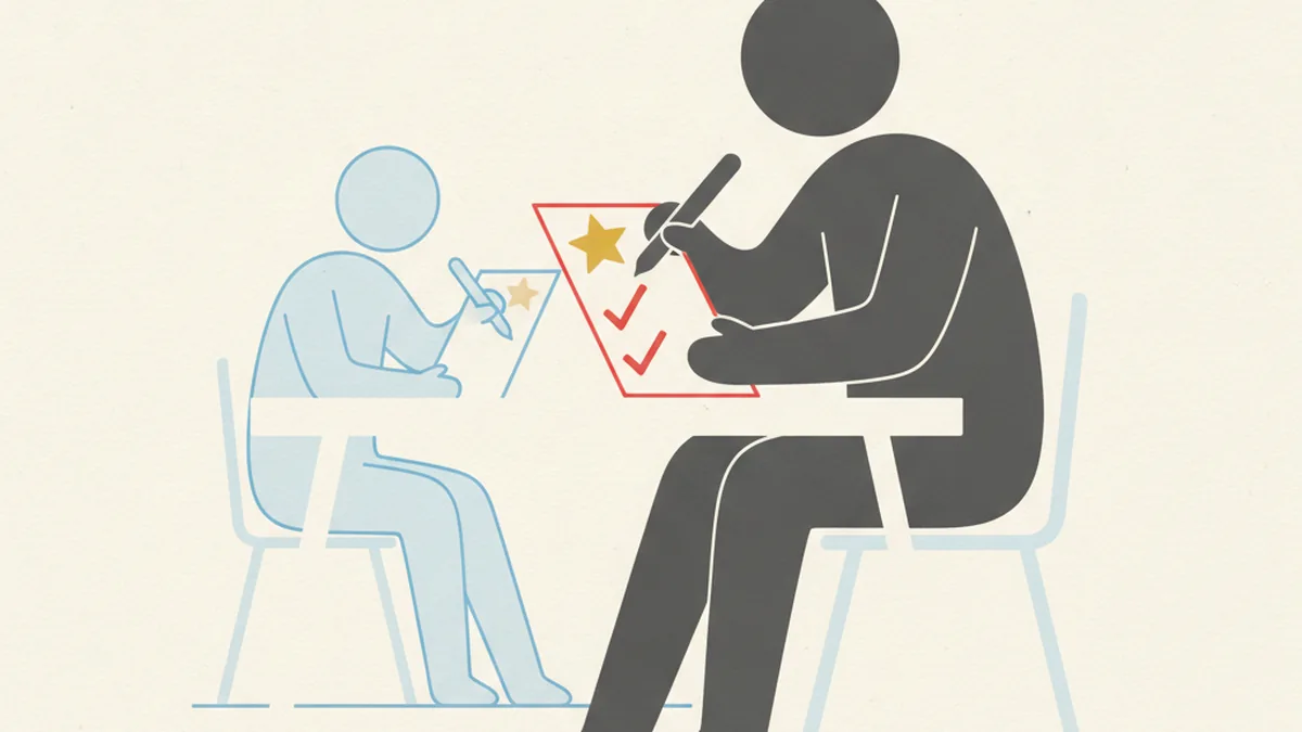 A figure marks their own exam paper with a gold star, a faint mirror image of themselves sitting opposite