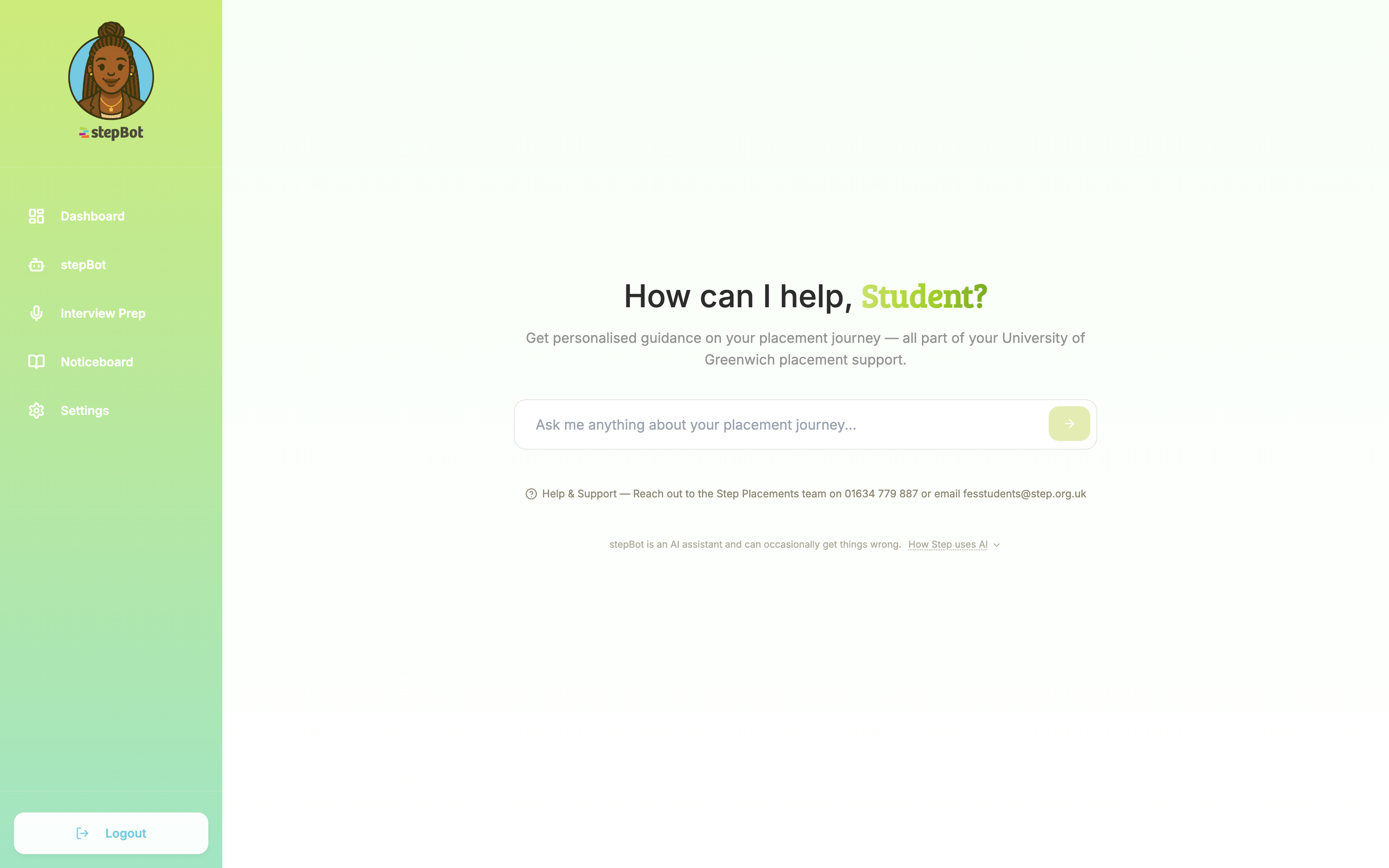 stepBot AI placement assistant screen with no student personal data