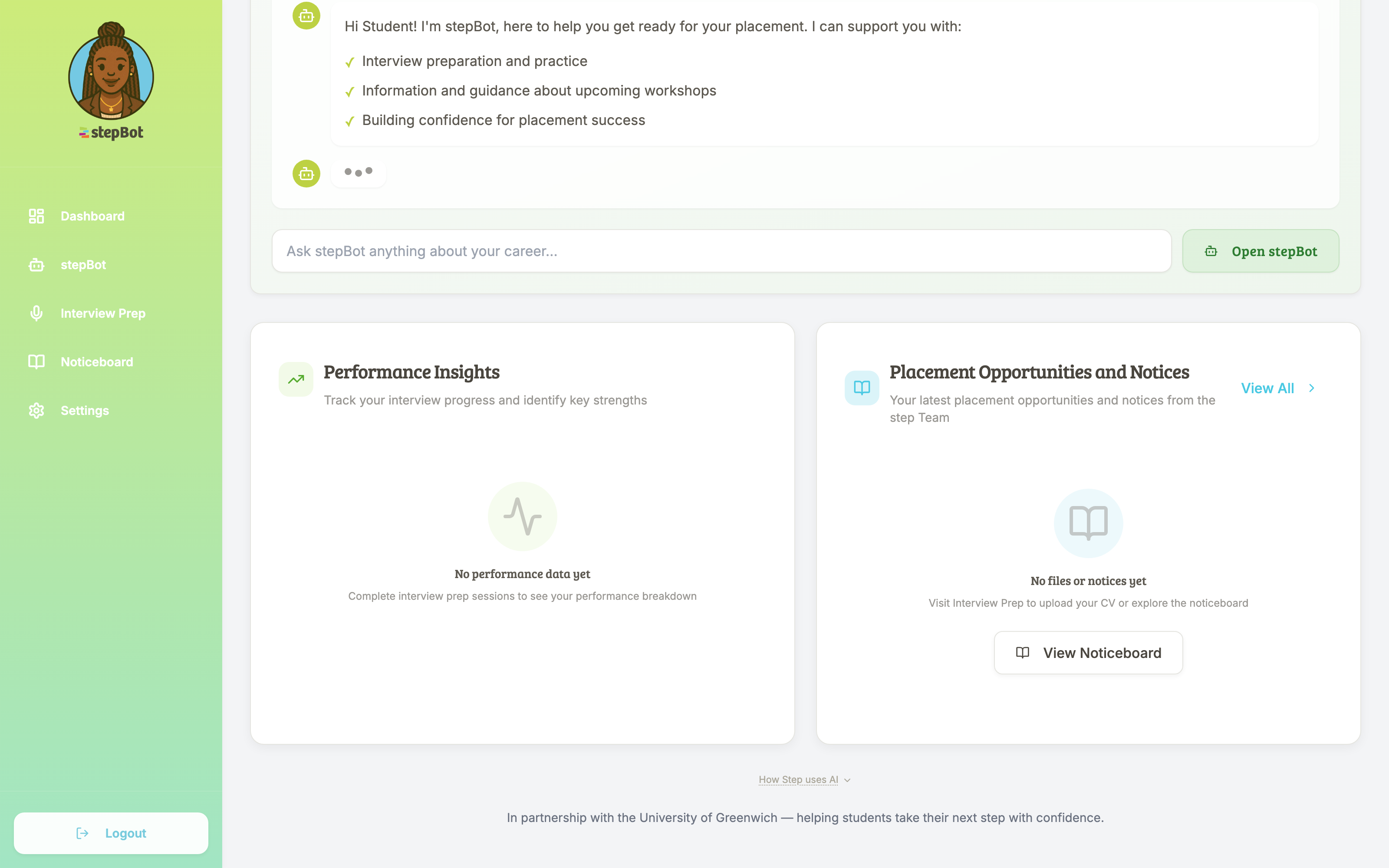 stepBot student dashboard screen with no student personal data